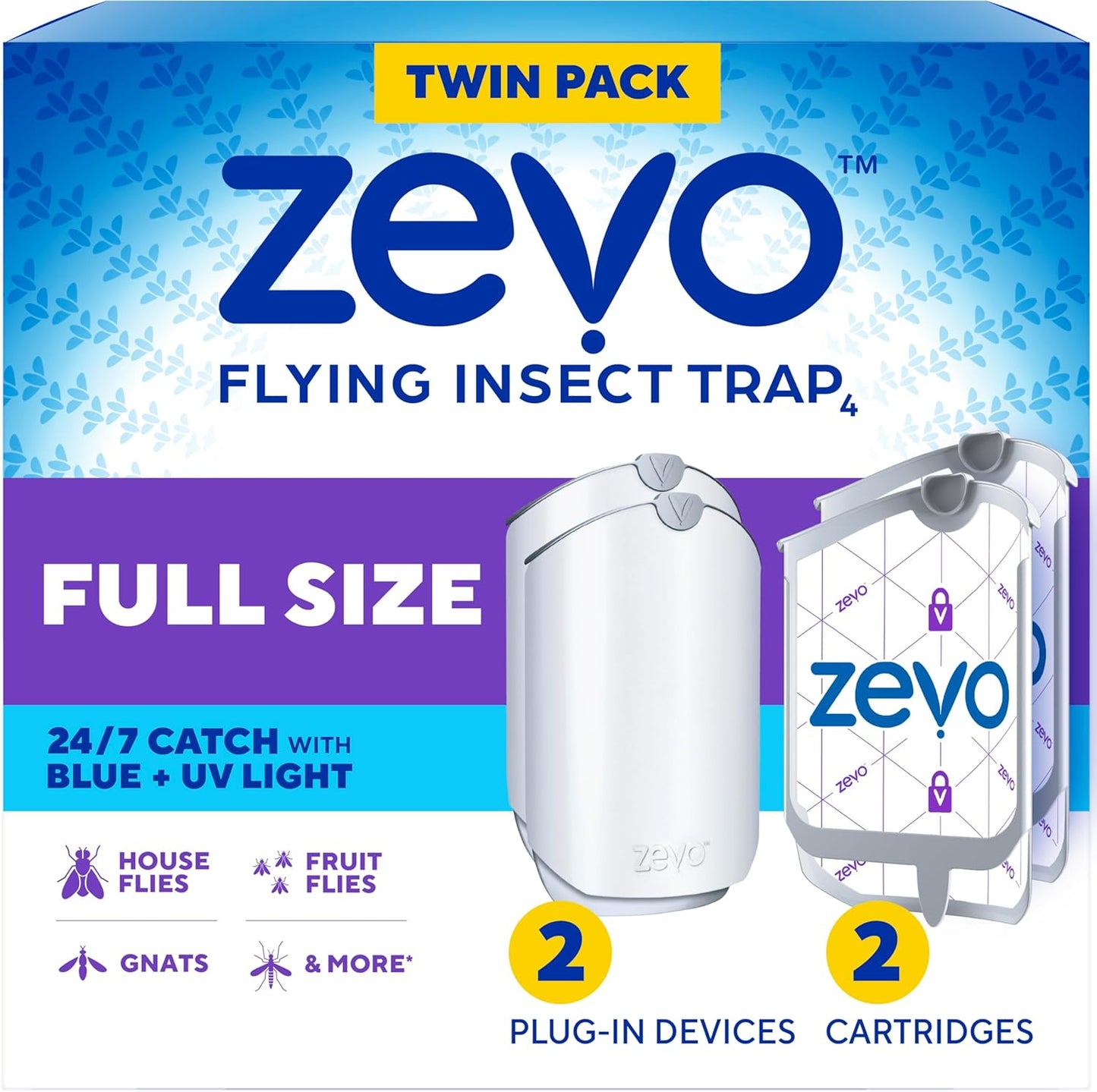 Zevo 2 Flying Insect Trap - Indoor Bug Catcher with UV Light & 2 Refill Cartridges | Mess-Free Solution for Flies & Gnats