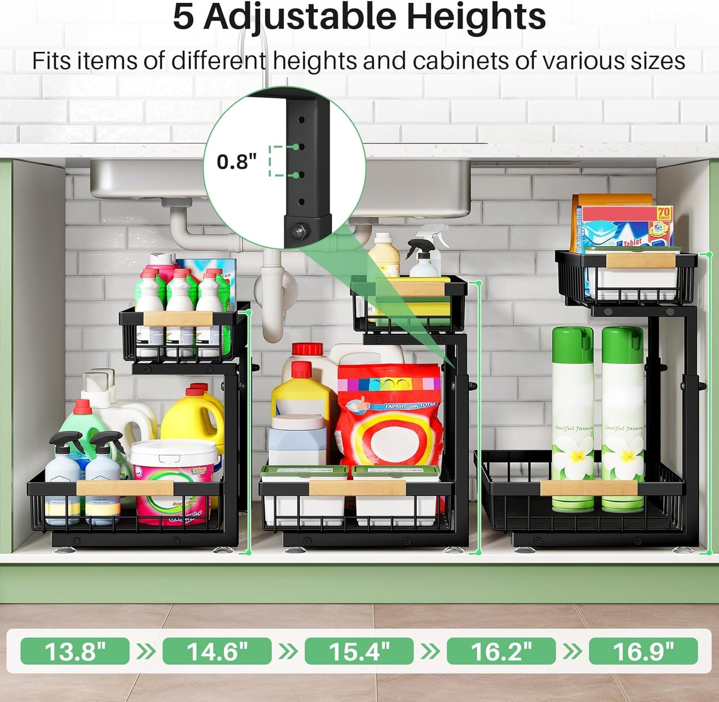 Kitstorack Under Sink Organizer - 2 Tier Metal Sliding Drawer for Kitchen & Bathroom | Black, 2 Pack