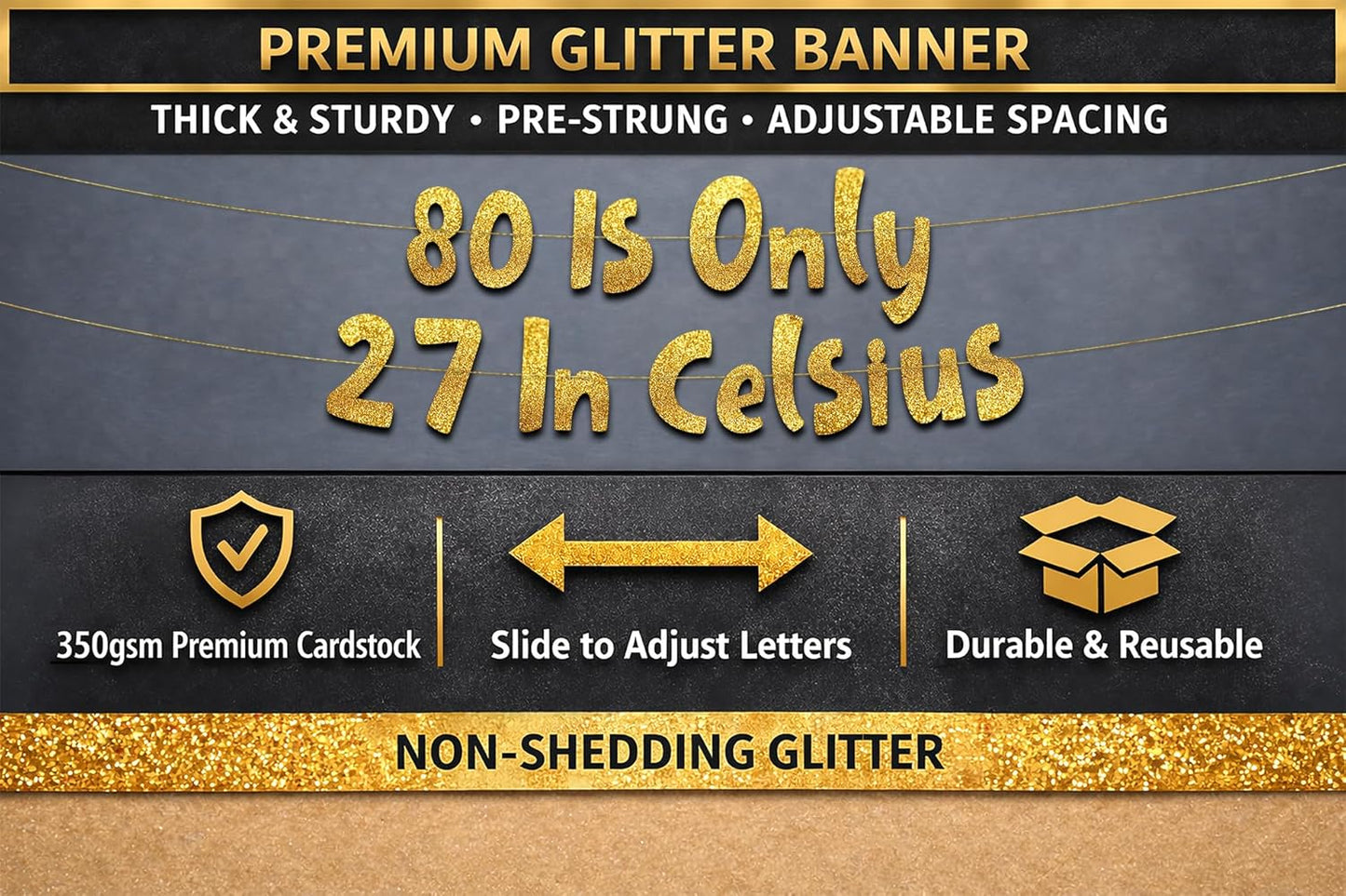 Pre-Strung 80 Gold Glitter Banner - 80th Birthday Decorations for Men & Women | Party Supplies