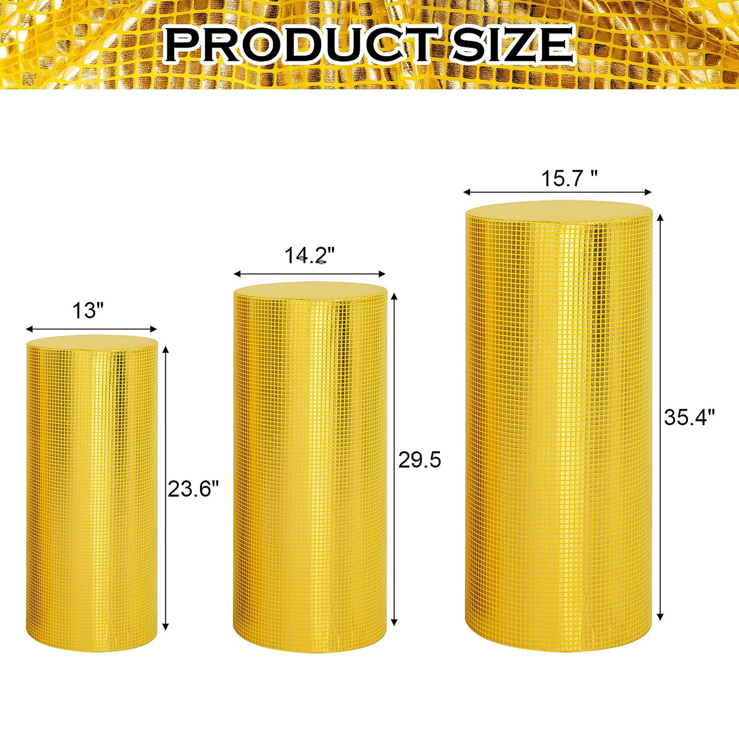 SaitiMade Set of 3 Gold Cylinder Pedestal Stand Covers, 3pcs Spandex Disco Cylinder Stand Covers for Party, Wedding or Birthday Event Decor (Only Contains Cylinder Covers)