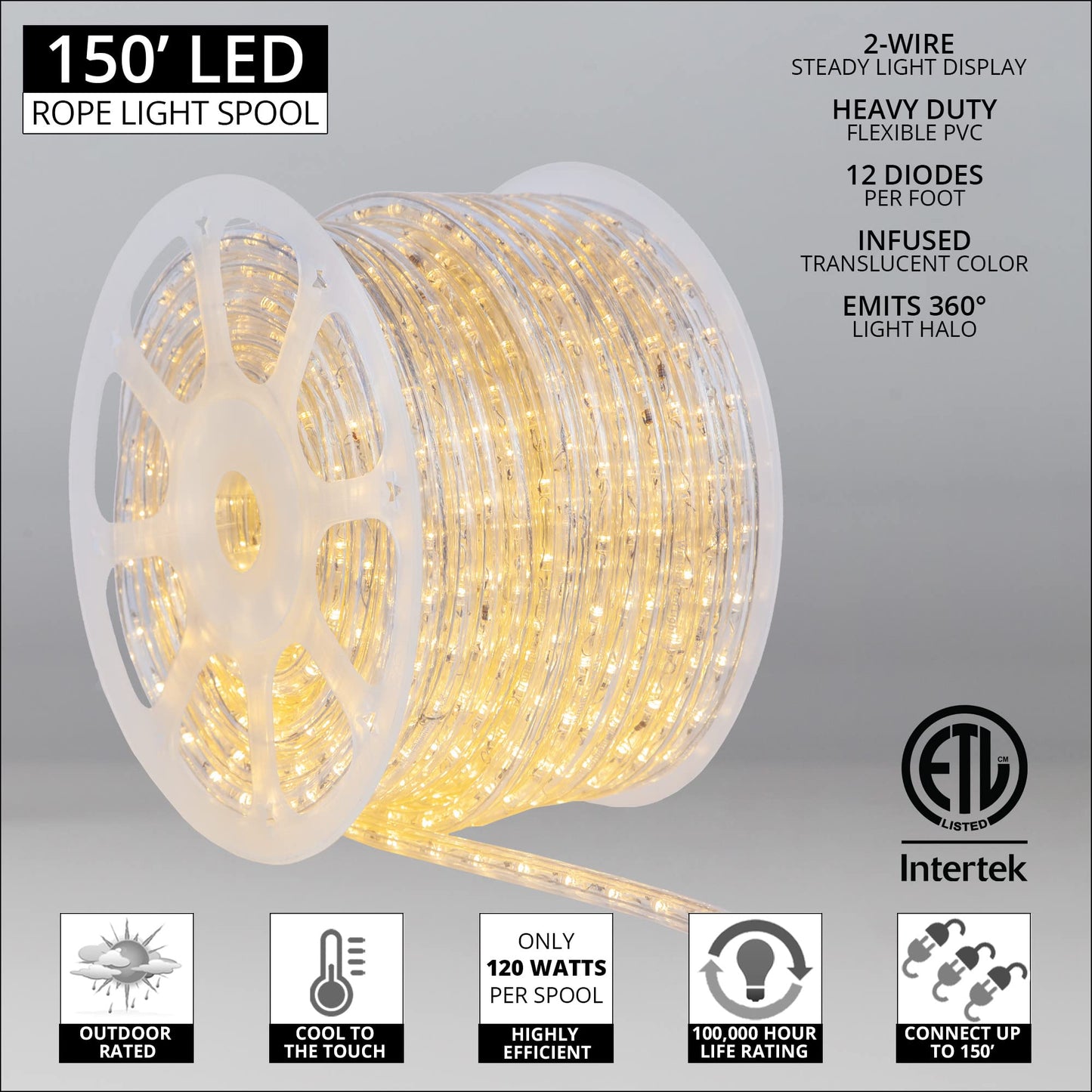 Wintergreen Lighting 150ft 1800 LED Heavy Duty Rope Light Spool, 120V ETL Indoor Rope Lights Plugin Outdoor Tube Lights ½ Inch, Accessories and Mounting Clips Included, Warm White