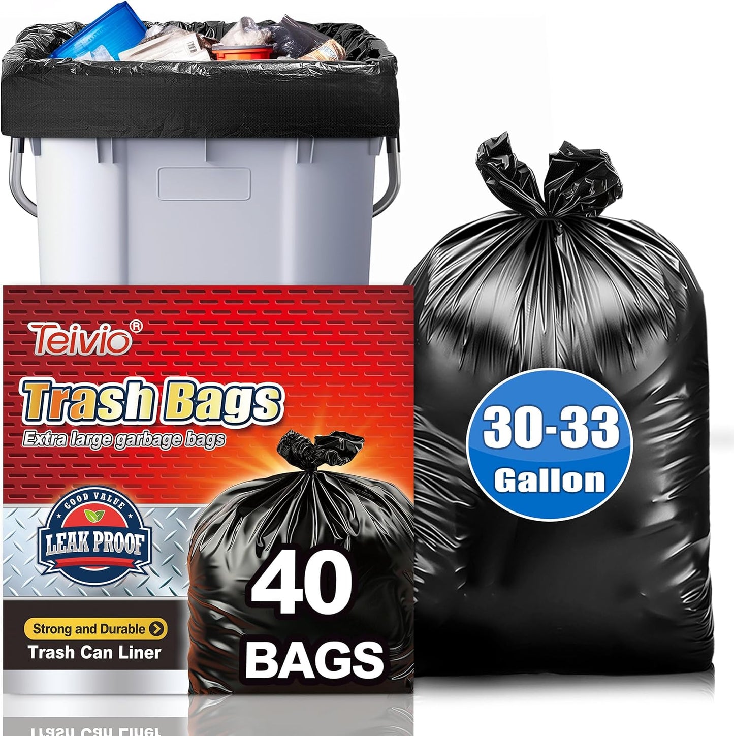 Teivio Large Black Trash Bags - 30-33 Gallon | 40 Count All-Purpose Garbage Liners for Home & Office