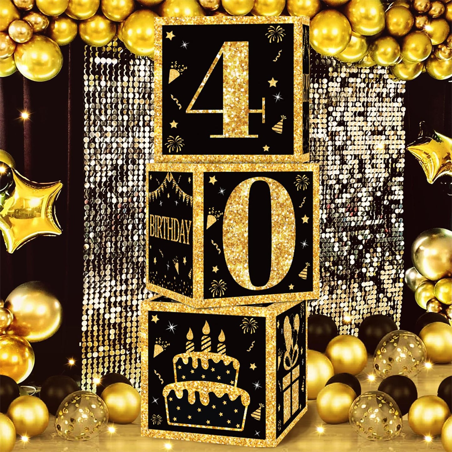 40th Birthday Decorations Boxes for Men- 3PCS Black Gold Happy 40th Birthday Balloons Boxes, 40 Year Old Party Supplies for Men Women