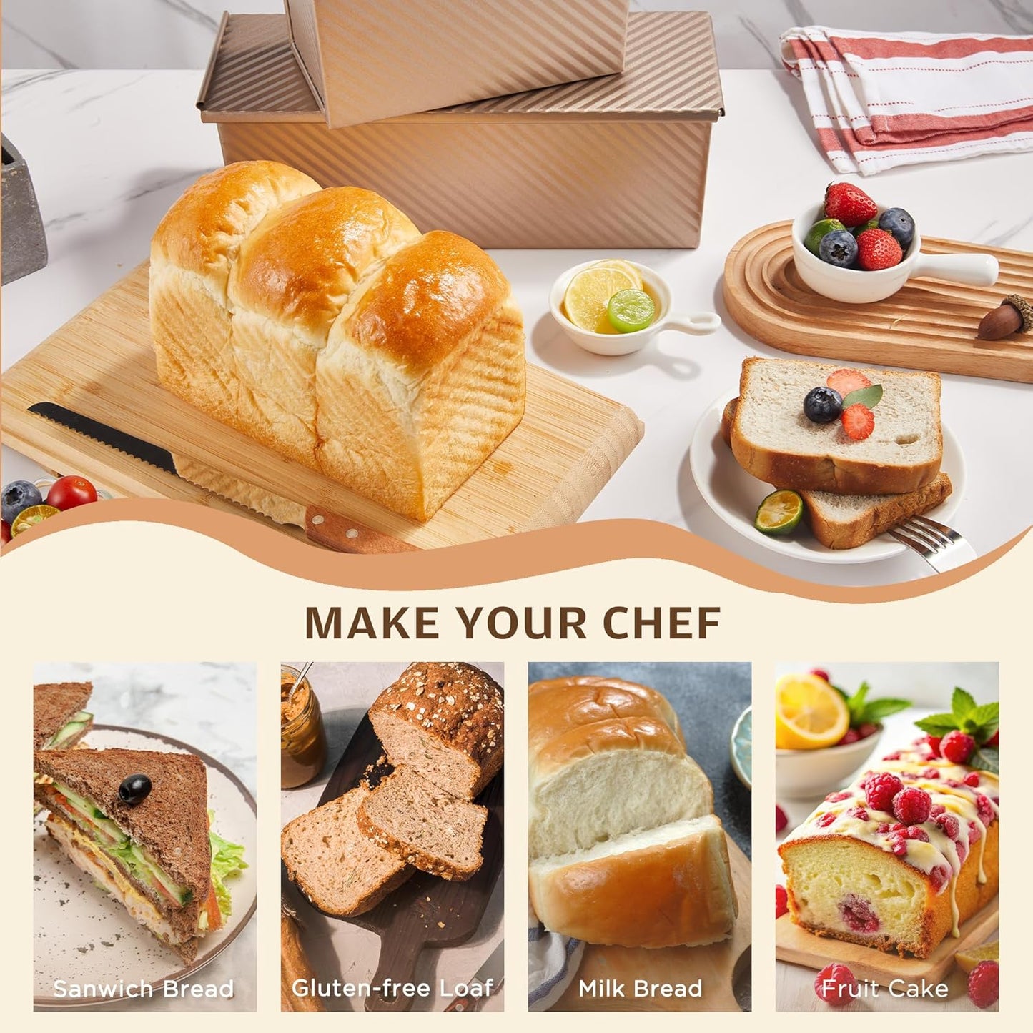 KITESSENSU Pullman Loaf Pan - Non-Stick Bakeware with Lid, 1 lb Capacity, Gold Carbon Steel Mold
