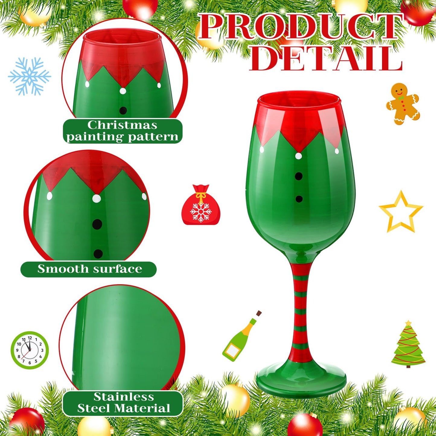 CPEGHDVM 4 Pcs Christmas Wine Glasses 16.8 Oz Set Santa Belt Snowman Drinking Goblets Cups Xmas Hand Painted Wine Cup Glass for Home Bar Diner Birthday Wedding Christmas Party Favors