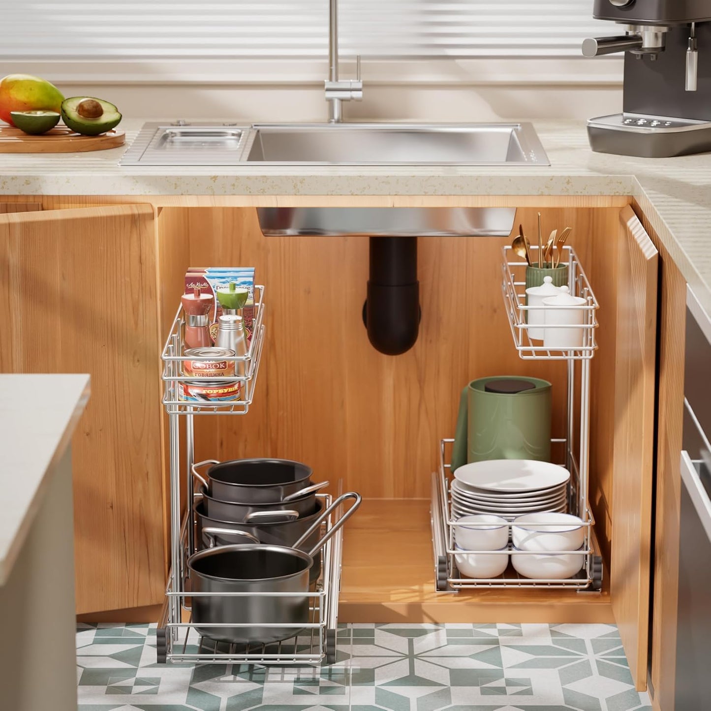 Under Sink Organizer by [Brand Name] - 2-Tier Pull-Out Cabinet Organizer | Chrome Plated, 9"W x 18.5"D