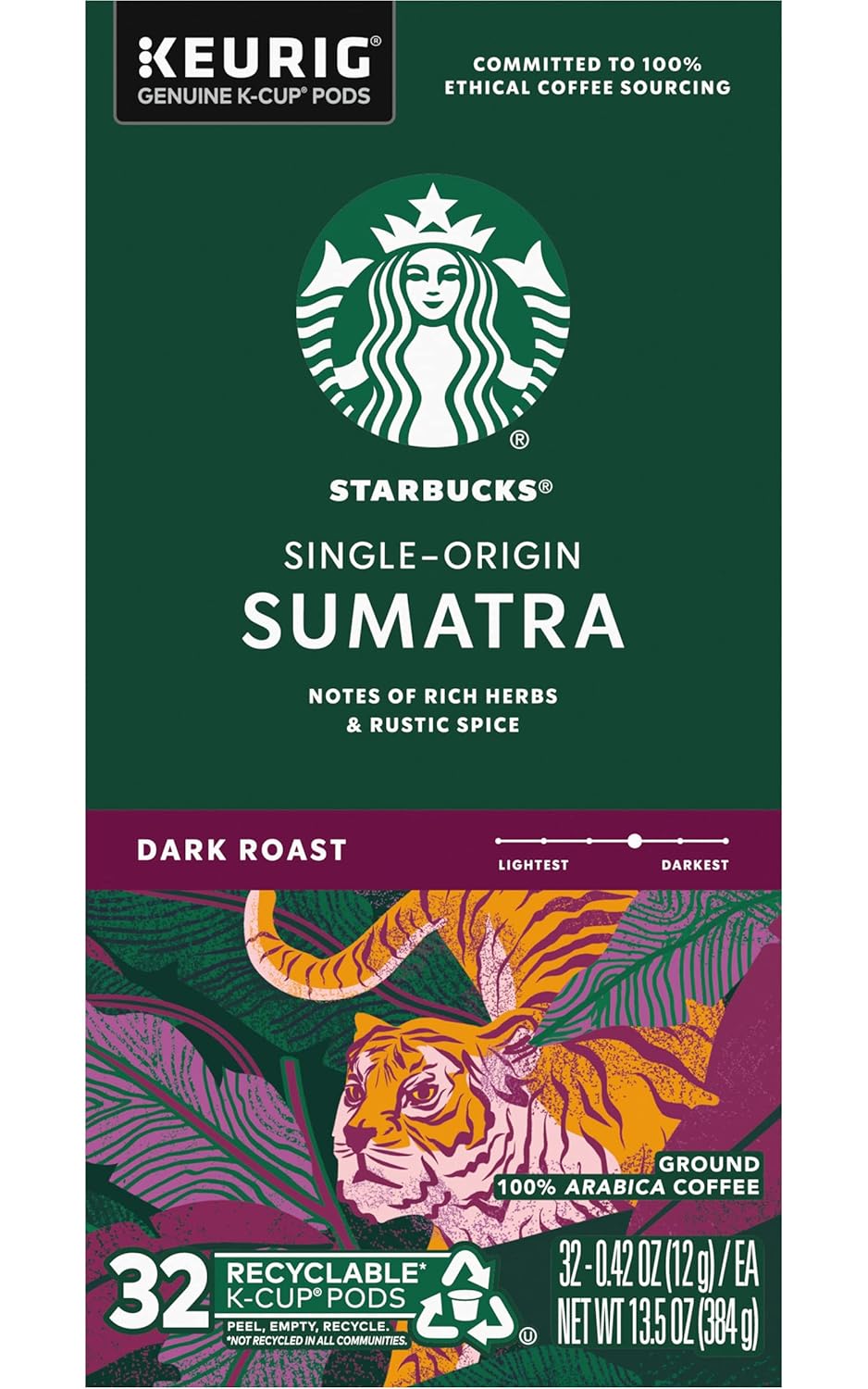 Starbucks K-Cup Pods - Sumatra Dark Roast Single-Origin Coffee - 32 Count (Pack of 4)