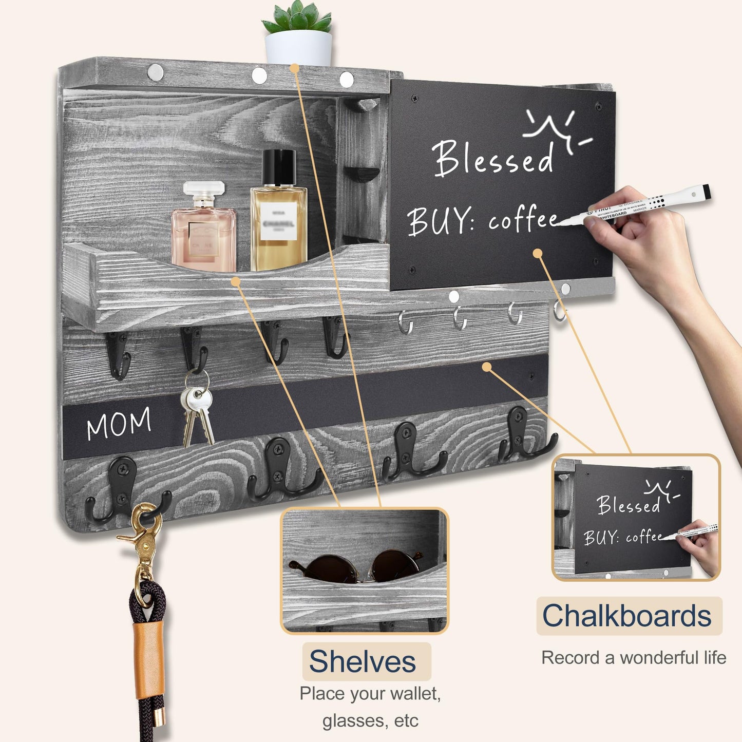 HEKOOLA Farmhouse Key and Mail Holder for Wall Decorative, Mail and Key Organizer for Wall with Different Hooks, Chalkboard, Home Decor with Shelf, Basket, Clips(Pine Wood,Washed Gray)