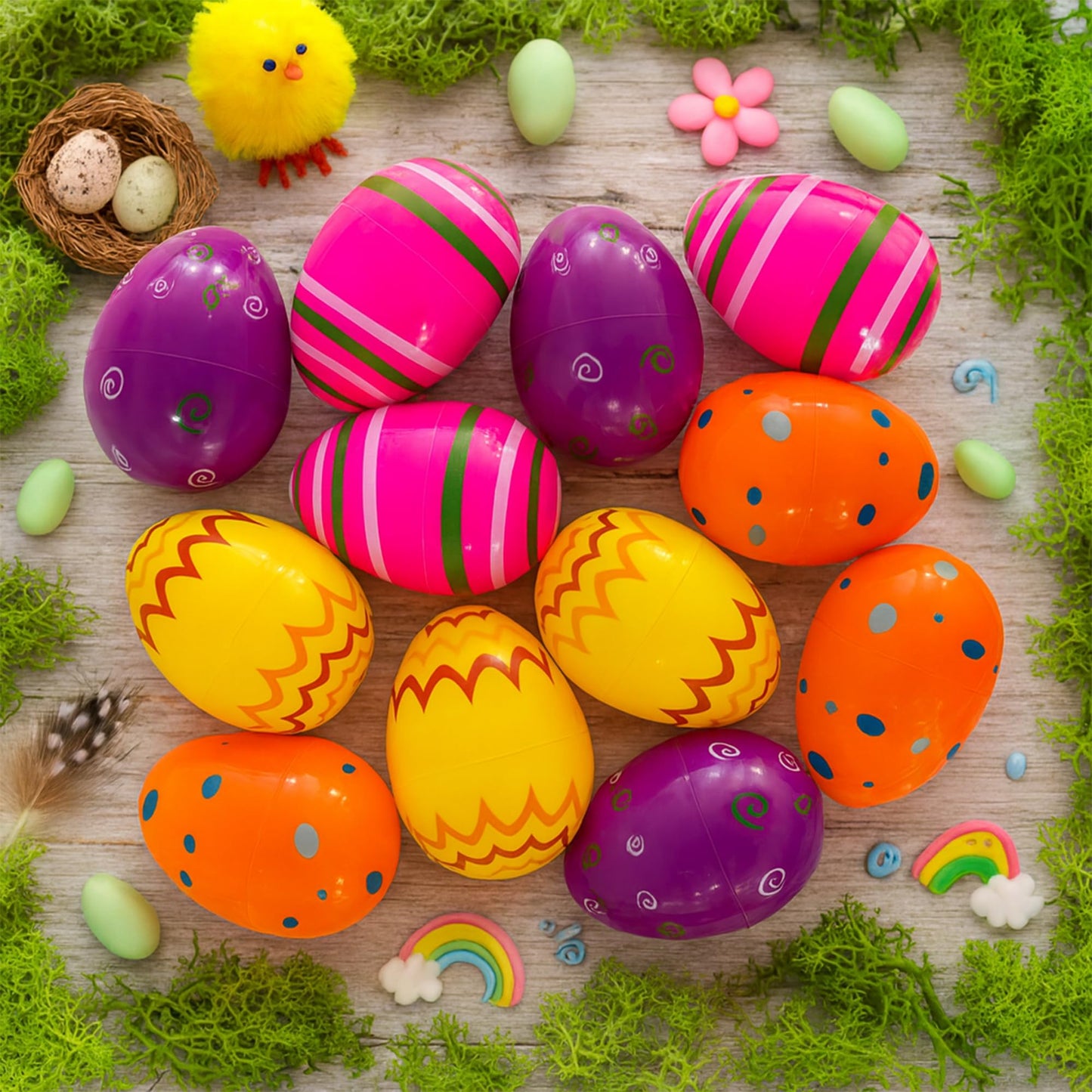 Coynurex 12 Pack Printed Easter Eggs, 3.3'' Fillable Plastic Eggs in 4 Colors, Easter Hunt Basket Stuffers, Party Supplies