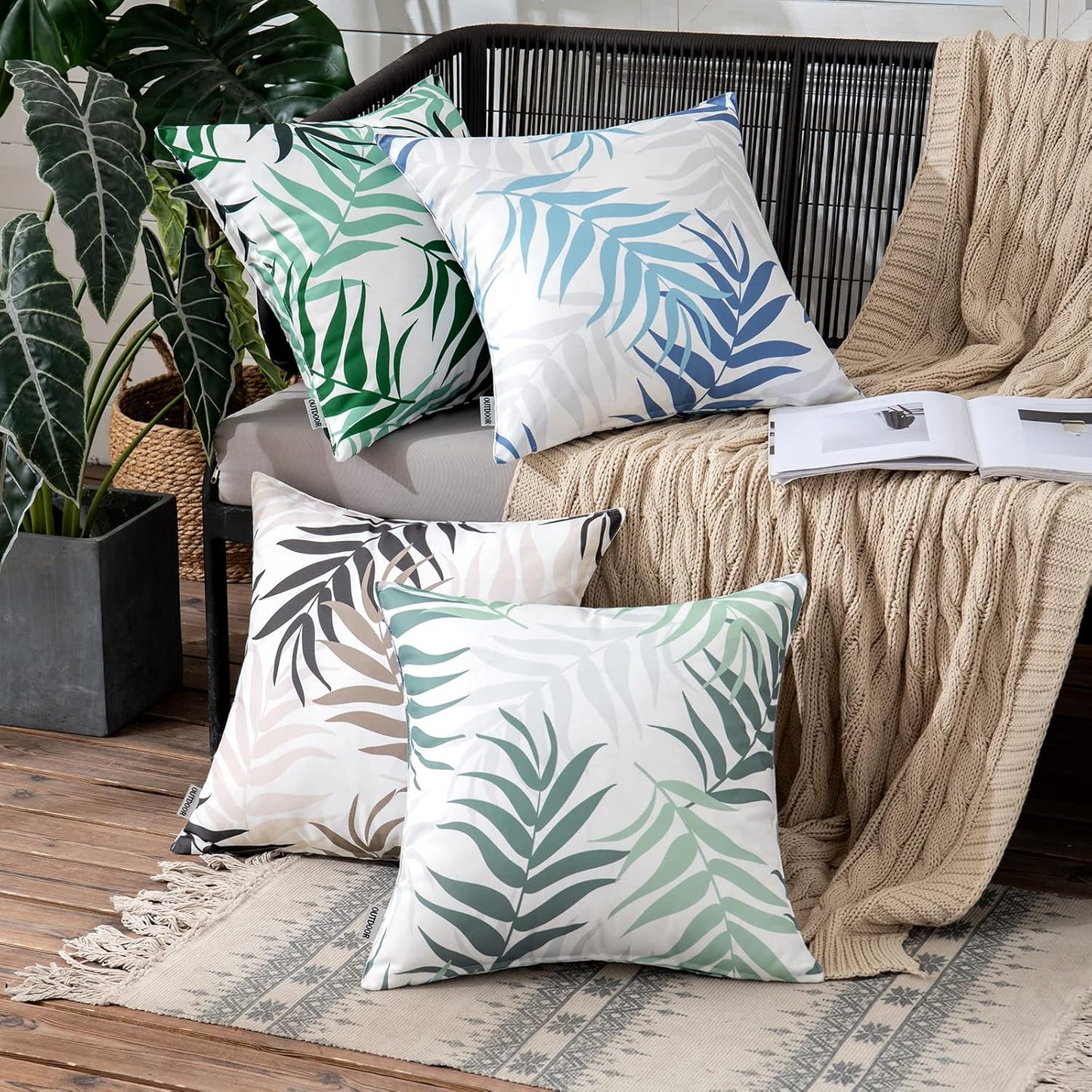 MIULEE Outdoor Waterproof Throw Pillow Covers - Spring Natural Leaves Pattern | 18x18 Inch, Greyish Green - Pack of 2