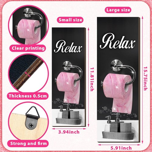 Honoson Bathroom Wall Art Decor - 4 Pcs Farmhouse Signs for Soaking, Unwinding & Relaxing | Black & Pink