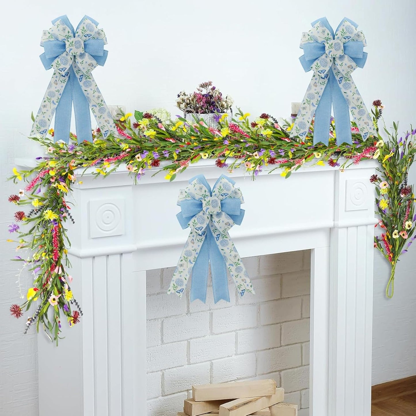 Skiennix 20.87 Inch Large Spring Bow - Blue Hydrangea & Butterfly Burlap Ribbon for Easter Decor | Indoor/Outdoor Use