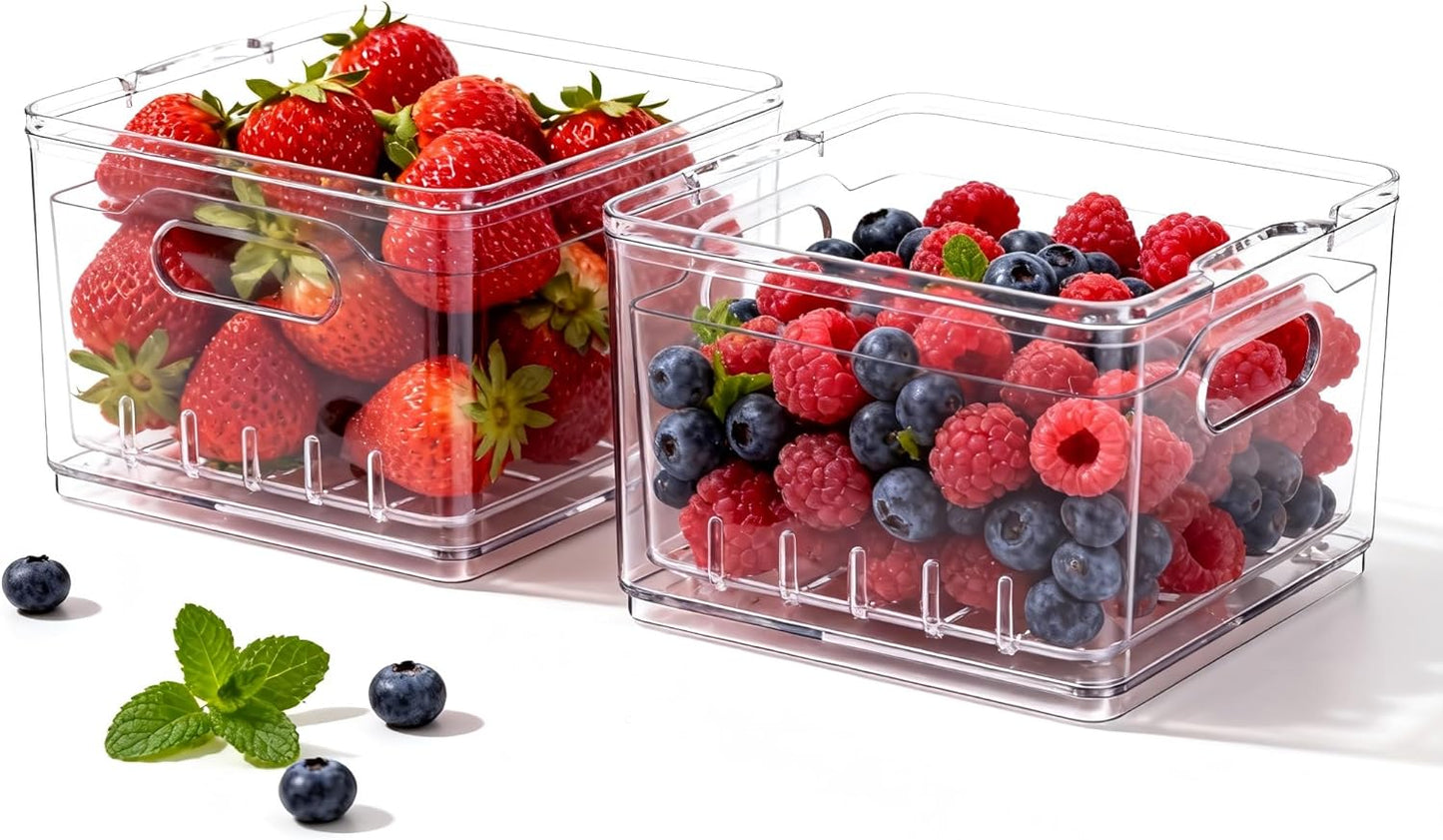 Skiennix Transparent PET Fruit Draining Colander - Versatile Food Storage Box | 2 Square Containers