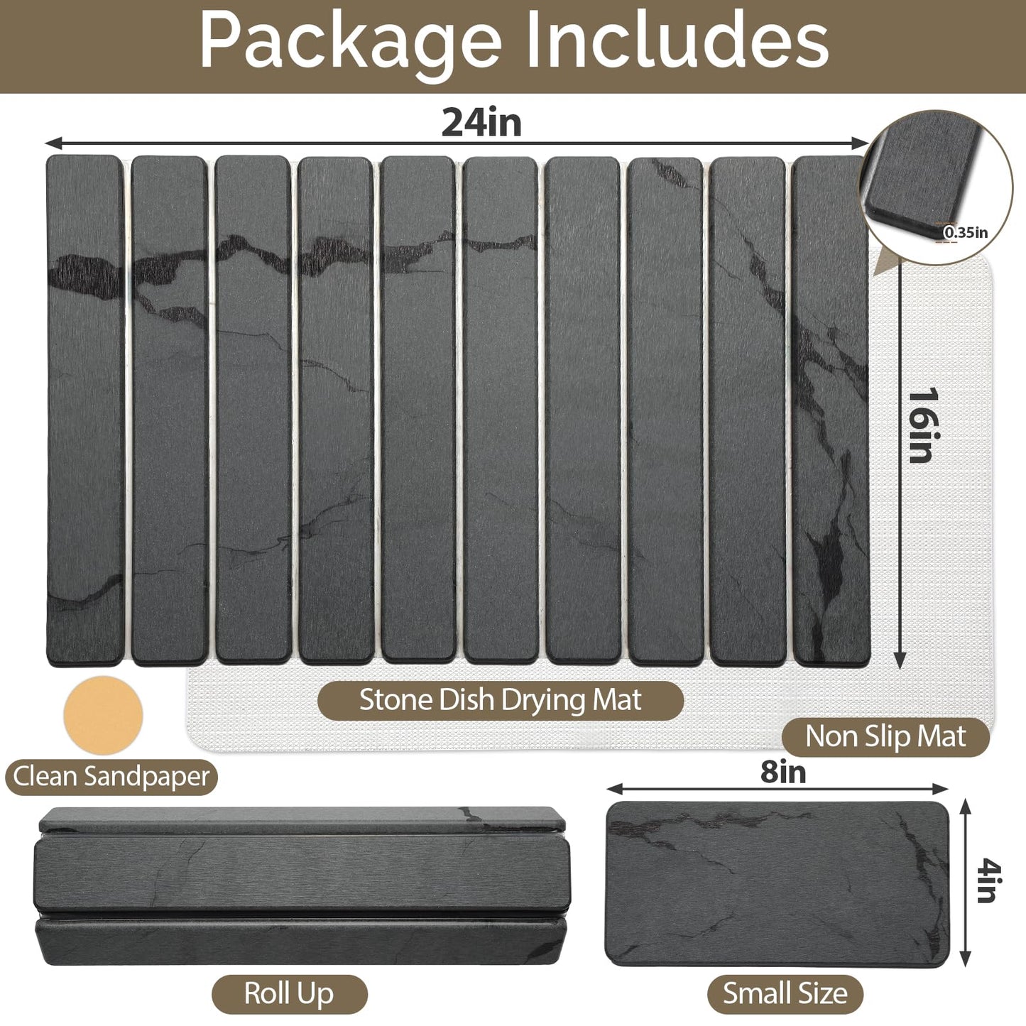 Large Stone Dish Drying Mat for Kitchen Counter, 2PCS Quick Dry Stone Dishes Mat,Foldable Water Absorbing Diatomaceous Drying Organizer Pad for Plates Rack Bottles Utensils(Dark Gray 24"×16" & 8"x4")