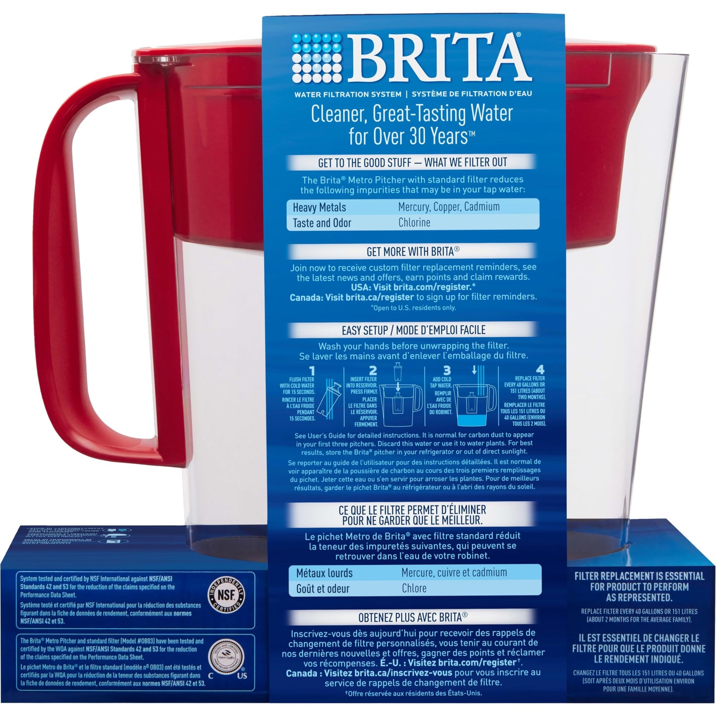 Brita Water Filter Pitcher for Tap and Drinking Water with 1 Standard Filter, Lasts 2 Months, 6-Cup Capacity, BPA Free, Red