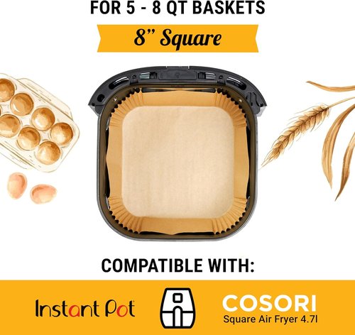 Baker's Signature Air Fryer Liners - 250 Pcs Non-Stick & Oil Proof for Easy Cleanup | 8” Square for 5-8 Qt Baskets