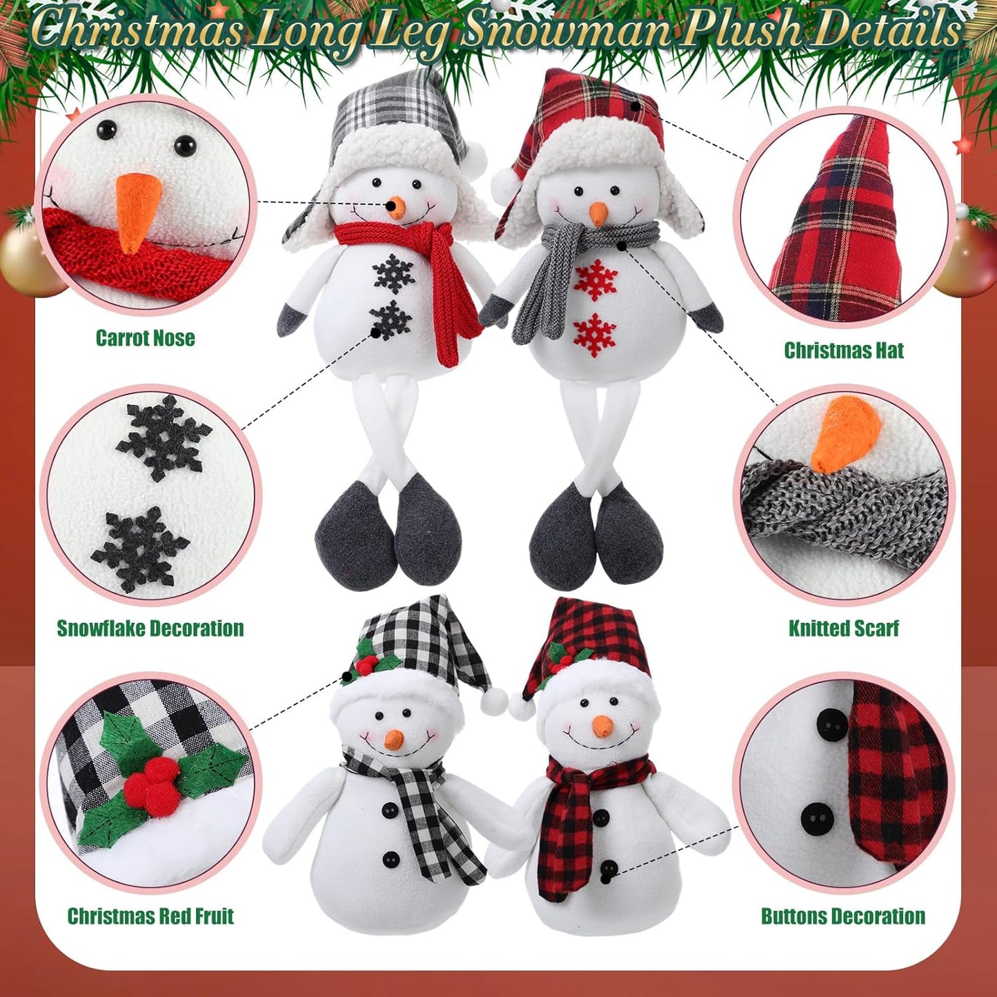 Yuntau Plush Snowman Decor - 4 Pack Sitting Winter Snowmen with Scarf & Hat | Rustic Holiday Ornaments