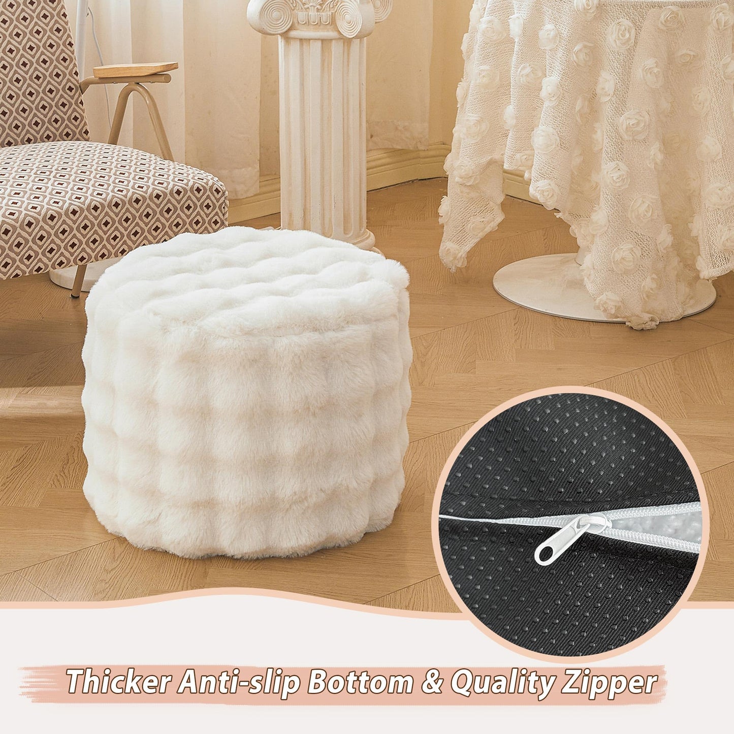 LIFEREVO Faux Rabbit Fur Round Inflatable Pouf Ottoman, 20 X 16 Waffle Bubble Fluffy Fuzzy Floor Poufs Foot Rest for Adults Kids Girls, Furry Pouf Chair Foot Stool Couch Home Decor, Anti-Slip, Beige