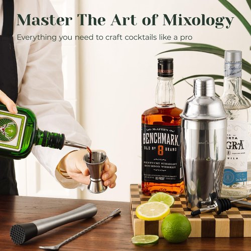 HomeCurated Cocktail Shaker Set,24-Piece Bar Bartender Kit with Stand,Martini Shaker,Jigger,Strainer,Mixer Spoon,Muddler,Liquor Pourers,Tongs,Opener,LCE Ball Mold&LCE Cubes,Bottle Stoppers|Silver