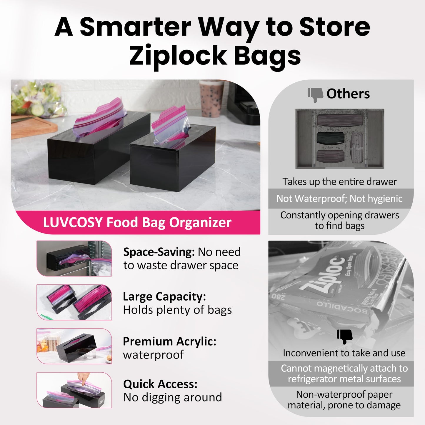 LUVCOSY Acrylic Food Bag Storage Organizer Magnetic Fridge Attachment Compatible with Ziploc 1 Gallon, Dispenser for Ziploc Bags, Kitchen Organization and Storage Solution, 1 Pack