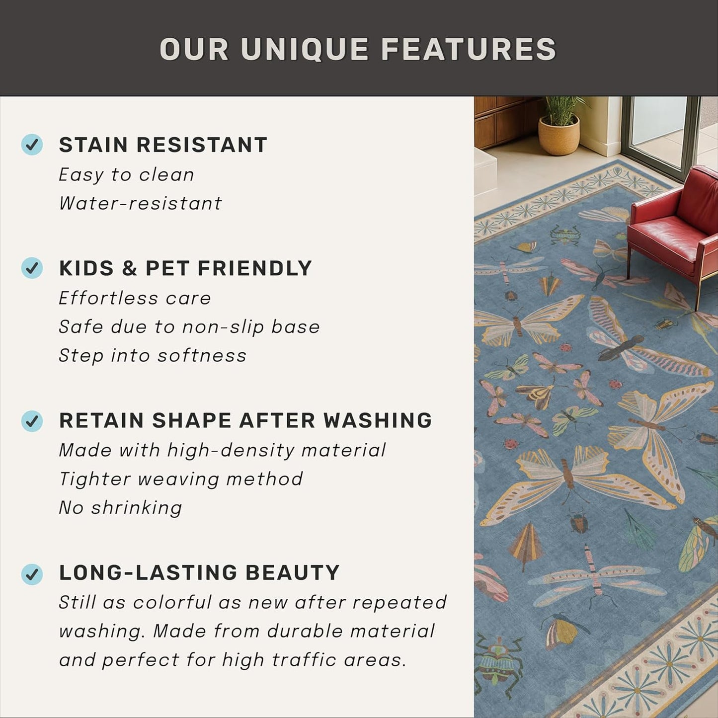 Skiennix Blue Washable Kids Playroom Rug - Super Soft 5x7 Area Rug for Nursery & Toddler Room Decor