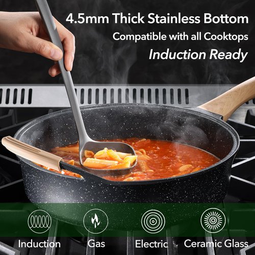 Deep Nonstick Frying Pan with Lid, 4.5 QT Swiss Granite Coating Sauté Pan, 12 Inch Healthy Non Stick Skillet Cooking Pan and Helper Handle with Silicone Cover, PFOA Free, Induction Ready.