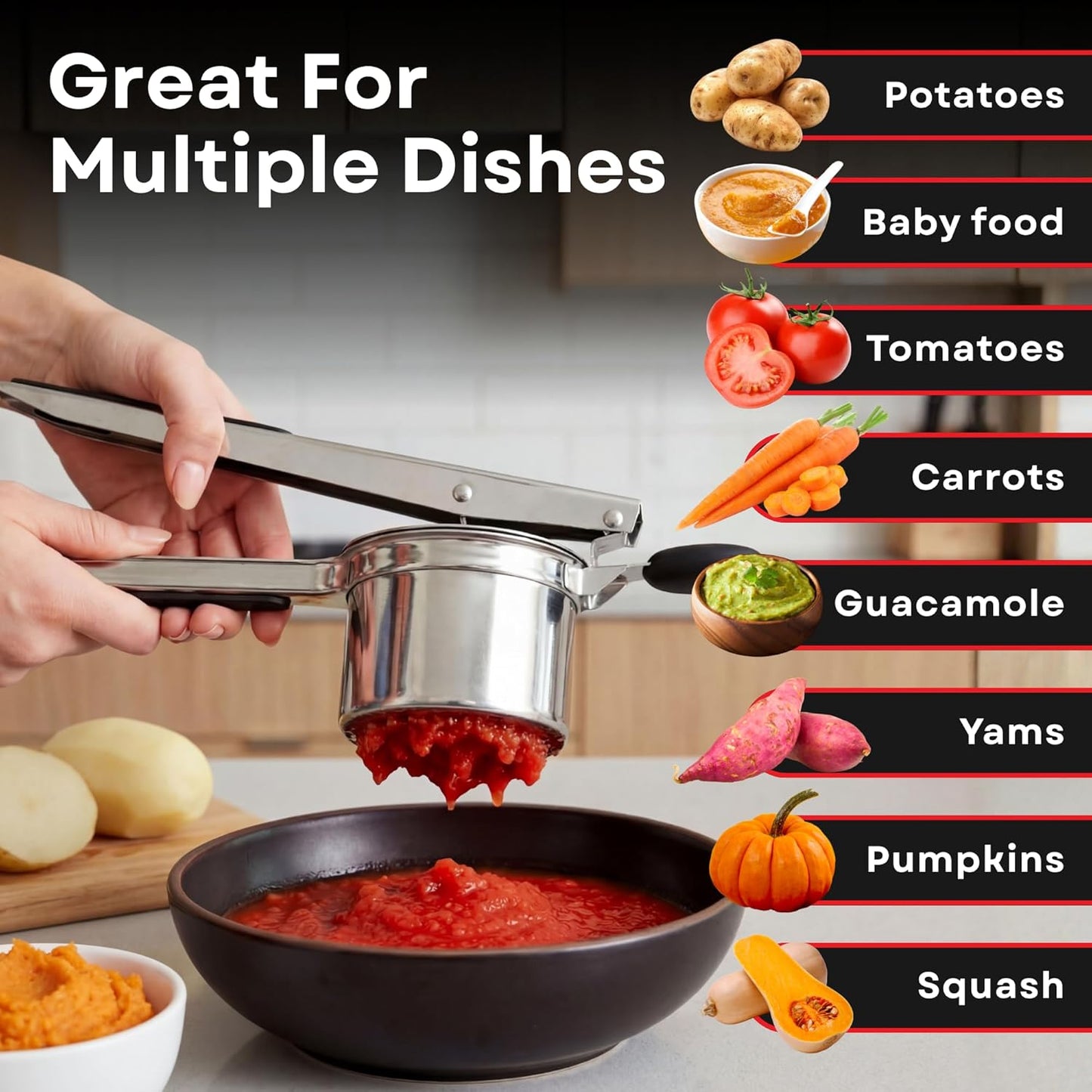 Skiennix 15oz Potato Ricer - Professional Stainless Steel Masher for Fluffy Mashed Potatoes & Gnocchi | Ergonomic Silicone Handles, Dishwasher Safe
