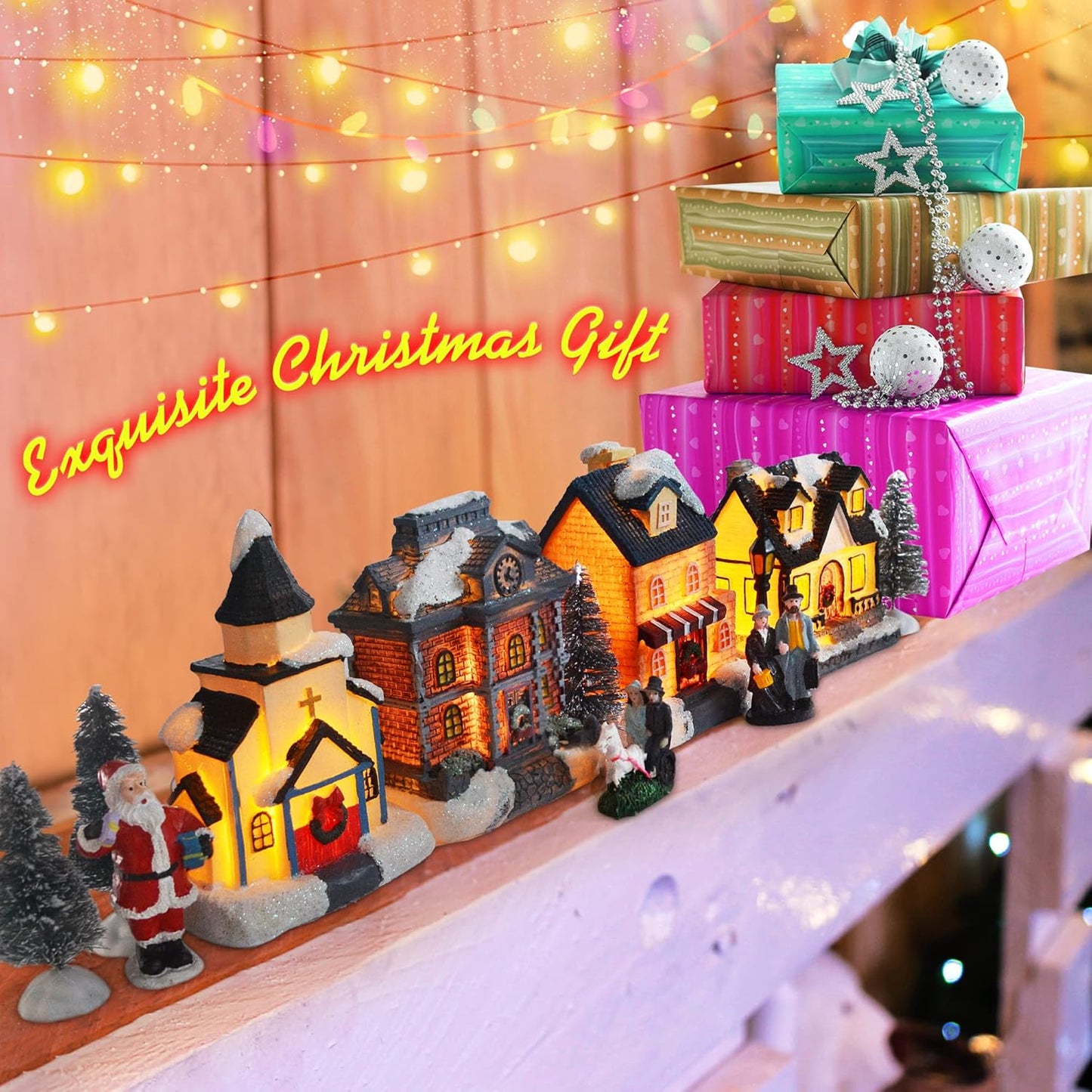 Skiennix Christmas Village Set - LED Lighted Houses with Figurines | Indoor Holiday Decor Collection