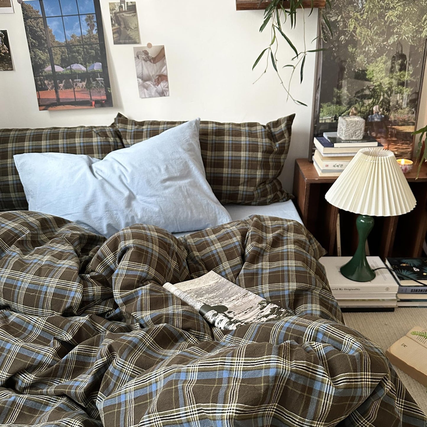 Mixinni Vintage Buffalo Plaid Duvet Cover Set | Soft & Breathable 3-Piece Queen Size Bedding in Brown & Blue