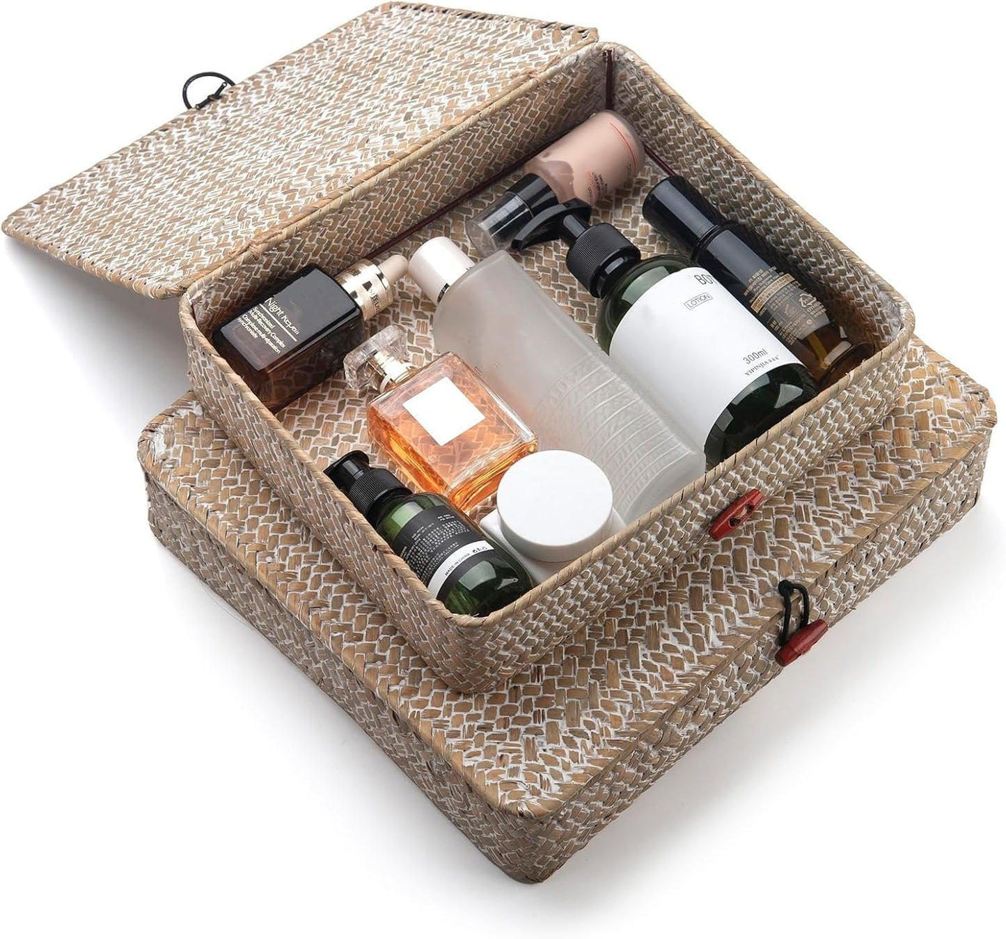 Seagrass Storage Baskets - Decorative Woven Baskets with Lid for Organizing | Whitewash Finish