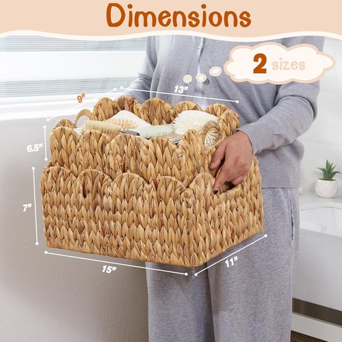 FairyHaus Wicker Storage Baskets - Handwoven Scalloped Design, Natural Water Hyacinth | 2-Pack, Large & Small