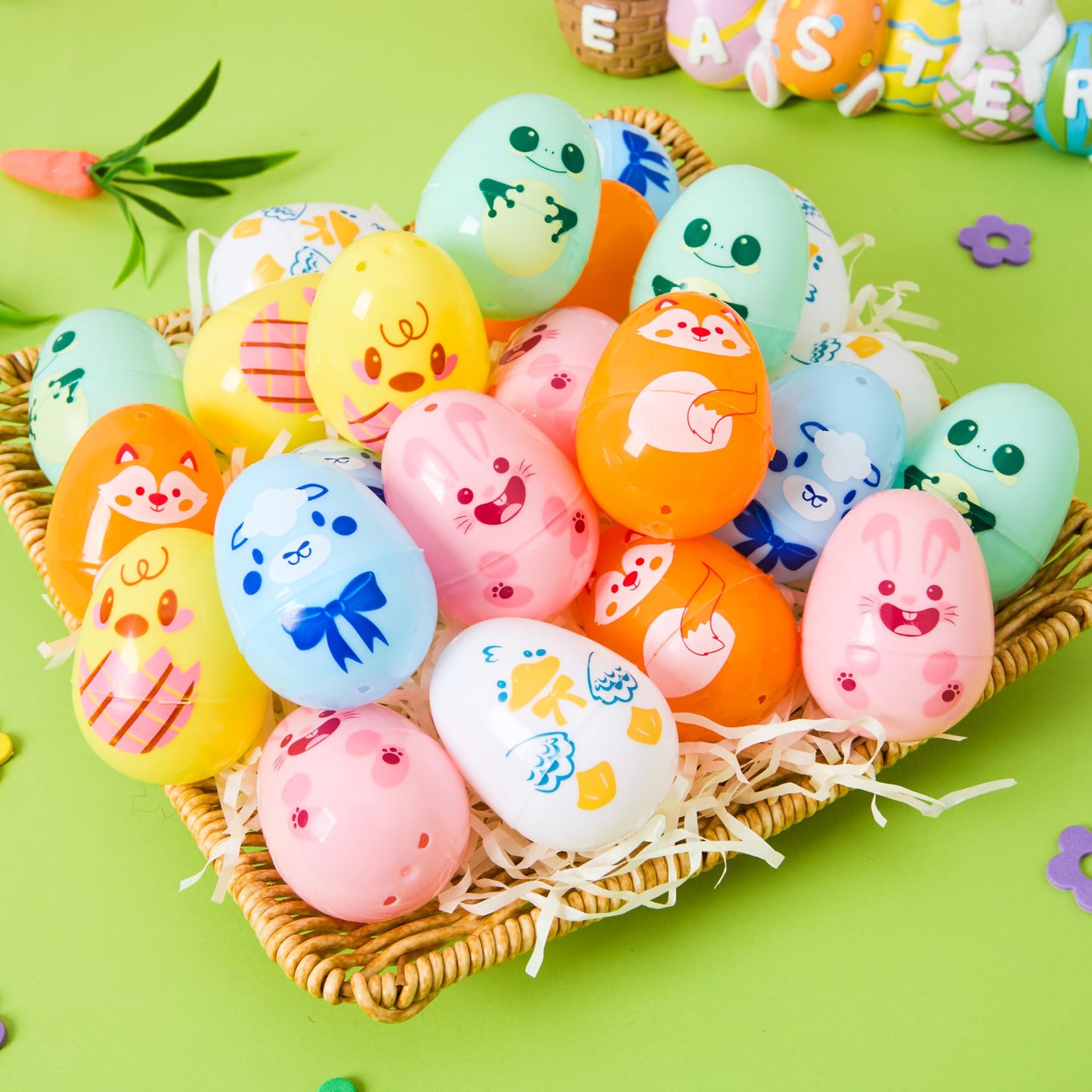 JOYIN 24 PCS Plastic Easter Multicolor Animal Eggs, 2.36" Fillable Eggs with 6 Kinds of Animal Pattern Eggshells for Easter Hunt, Treat Filling, Party Favor, Basket Stuffers, Classroom Prize Supplies