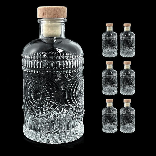 6 Pack 6oz Glass Bottles with T-Top Cork Stoppers, 200ml Vintage Embossed Clear Liquor Bottles with Heavy Base, Airtight Glass Flask for Whiskey, Limoncello, Oil, Vinegar & Gift Favors(Sunflower)