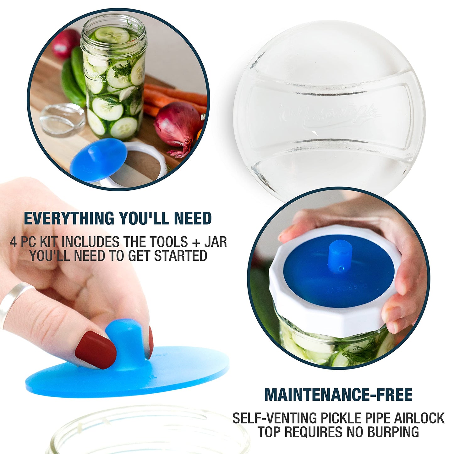 Masontops Fermentation Jar Starter Set, Easy Vegetable Fermentation Kit, Includes Mason Jar, Pickle Kit with Fermentation Lids & Fermentation Weight