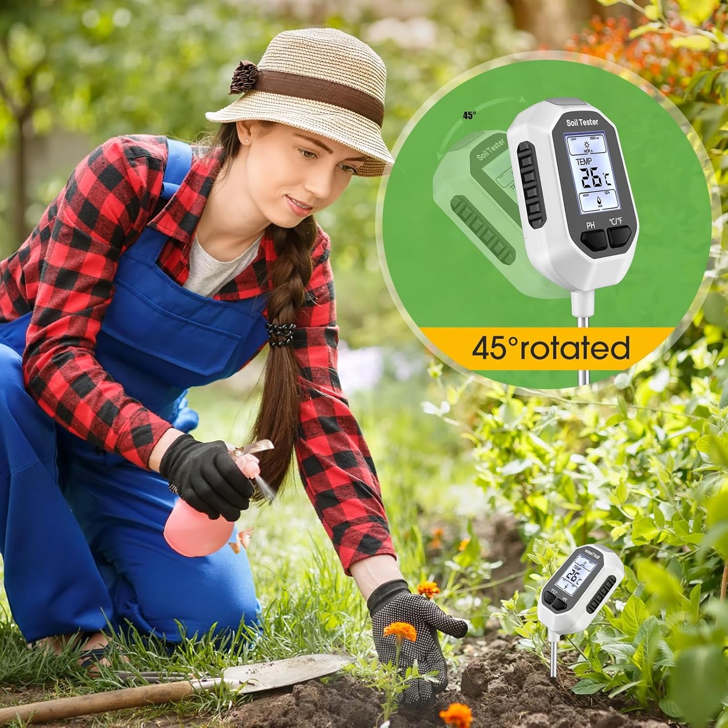 YAMRON 4-in-1 Soil Moisture Meter - Digital Plant Temperature, pH & Sunlight Tester | Backlit LCD Display for Gardening