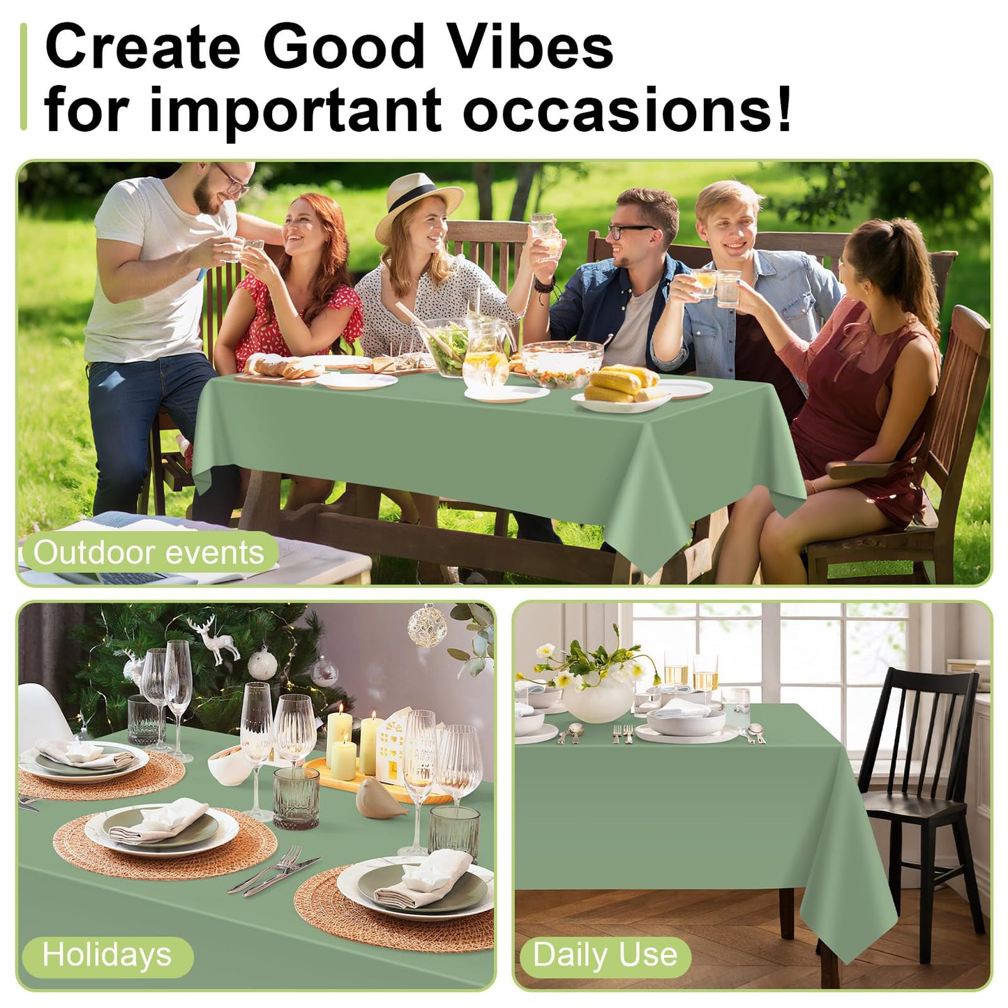 QIKSION Sage Green Plastic Table Cloth Disposable 2 Pack, 54 x 108 Inch Tablecloths for Baby Shower Birthday Bridal Wedding Party Decorations, Rectangle Table Cover