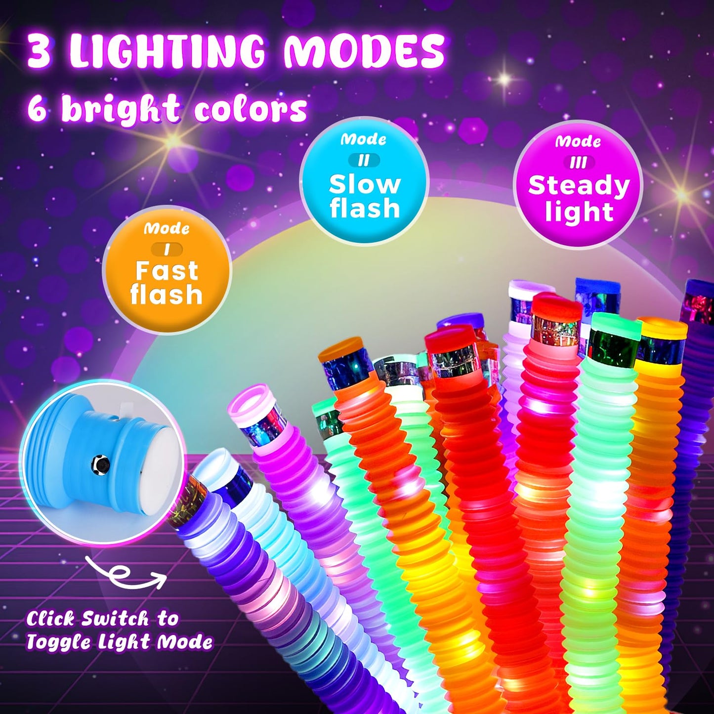 LovesTown 12PCS Glow Sticks for Kids, Glow in the Dark Party Favors Supplies, Light Up Fidget Pop Tubes for Birthday Party Favors Gifts Dance Camp, Goodie Bags Stuffers