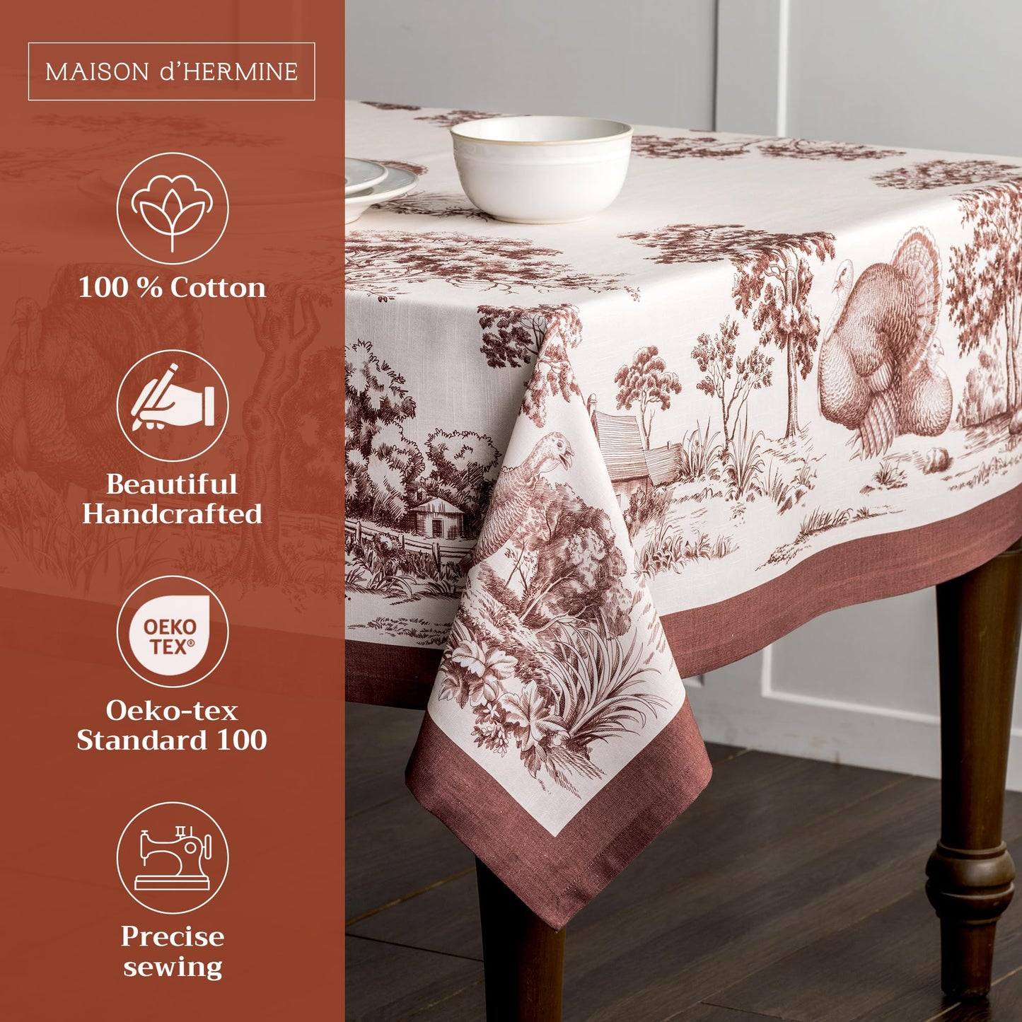 Maison d' Hermine Table Cloth Rectangle Table 100% Cotton 60 x 120 Inches Fall Tablecloth Reusable Everyday Use for Thanksgiving Christmas Decorations Dining Farmhouse Party (Holy Jouy - Brown)