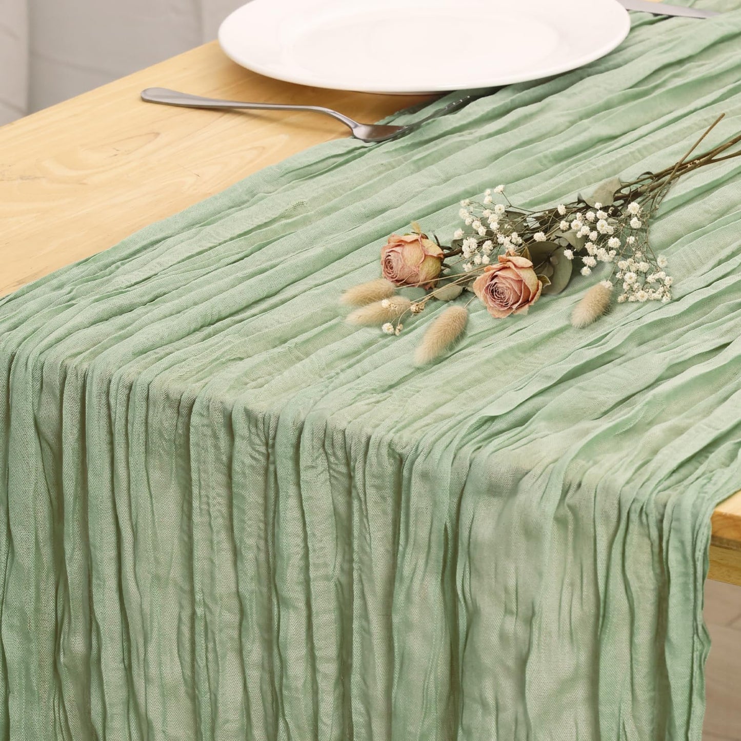 Sage Green Table Runner 35x120 Inch Cheesecloth Table Runner 3 Pack for Baby Shower, Boho Decor, Wedding Decoration, Jungle Theme Party