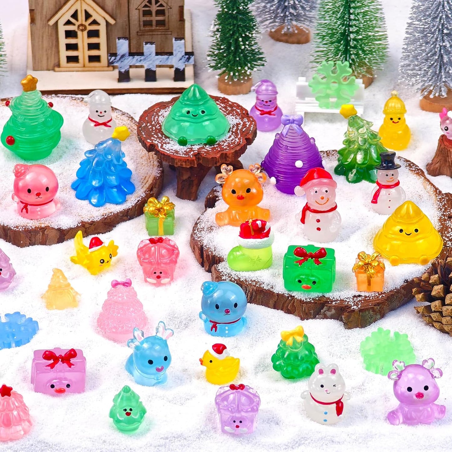 Skiennix 52 Pcs Luminous Mini Christmas Figurines - Glow in The Dark Resin Snowman Set for Holiday Decor