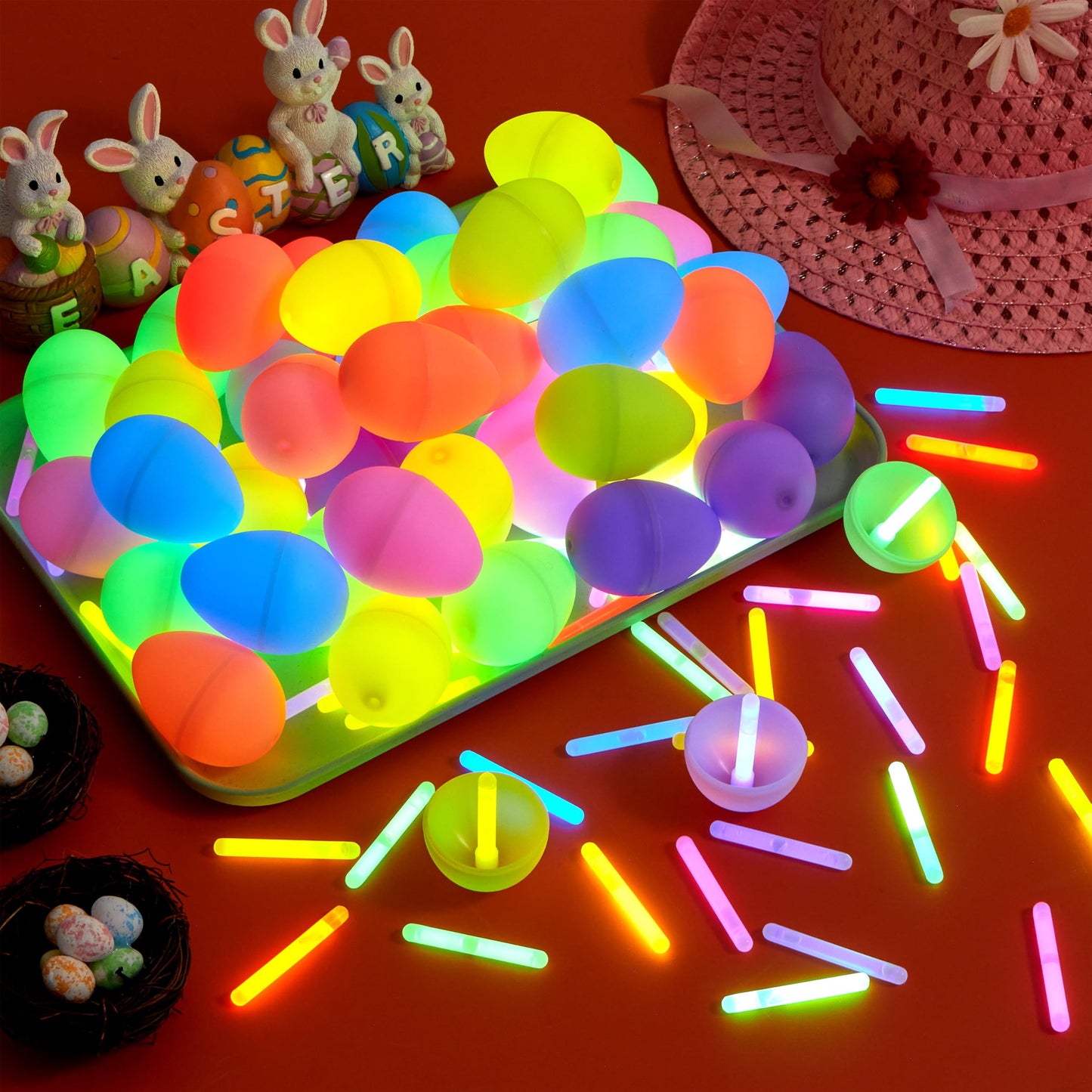JOYIN 72 Pcs Easter Eggs with 72 Mini Glow Sticks for Kids Glow-In-The-Dark Basket Stuffers Fillers Gift, Easter Egg Hunt Game Party Favors Decorations Supplies, Classroom Prizes