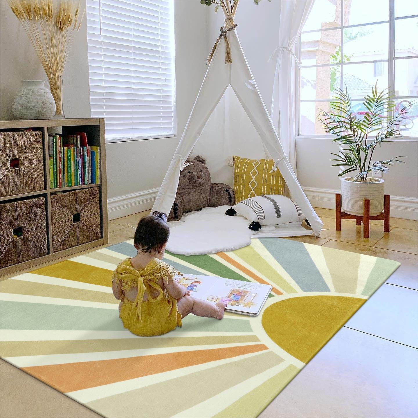 STARUIA Boho Washable Area Rug - 4'x6' Kids Playroom Rug, Non-Slip Modern Sun Carpet for Bedroom, Office, Nursery, Entryway, Dorm