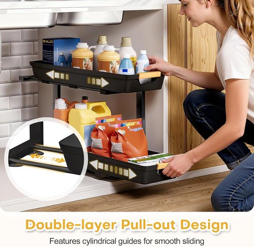 Homde Under Sink Organizer - 2-Tier Adjustable Pull-Out Drawer Set for Kitchen & Bathroom Storage