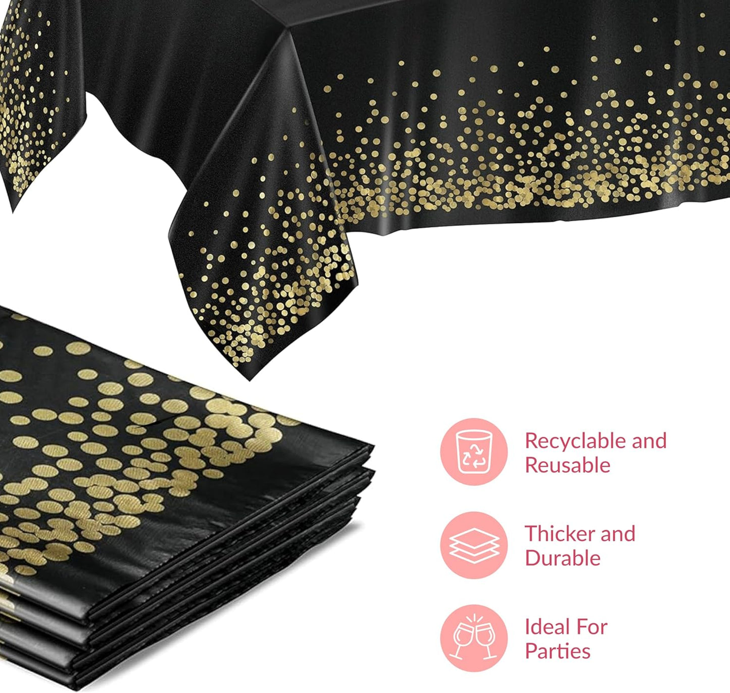 Prestee Gold & Black Rectangle Table Covers - Disposable Plastic Tablecloths 54 x 108 Inches for Parties & Events