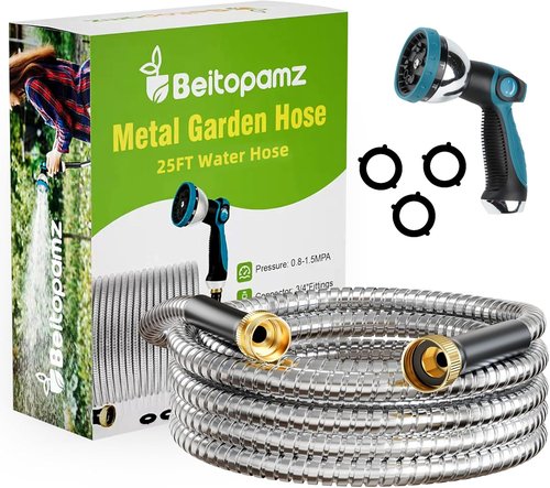 Beitopamz Stainless Steel Garden Hose - 25 Ft Flexible, Durable, Rust-Proof with No-Kink Design & Heavy-Duty Brass Fittings