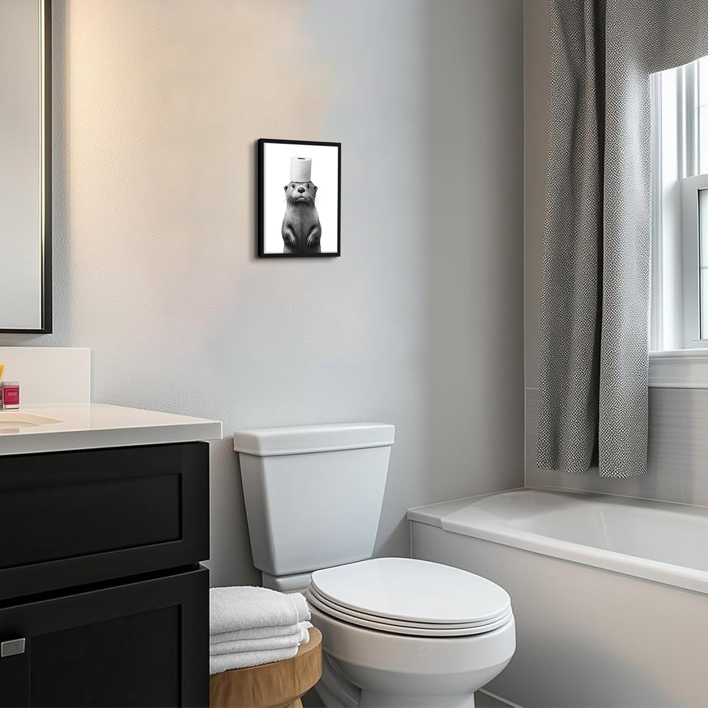 Skiennix Funny Bathroom Wall Art - Cute Otter Holding Toilet Paper | Black & White Canvas Print 8x10 Inch