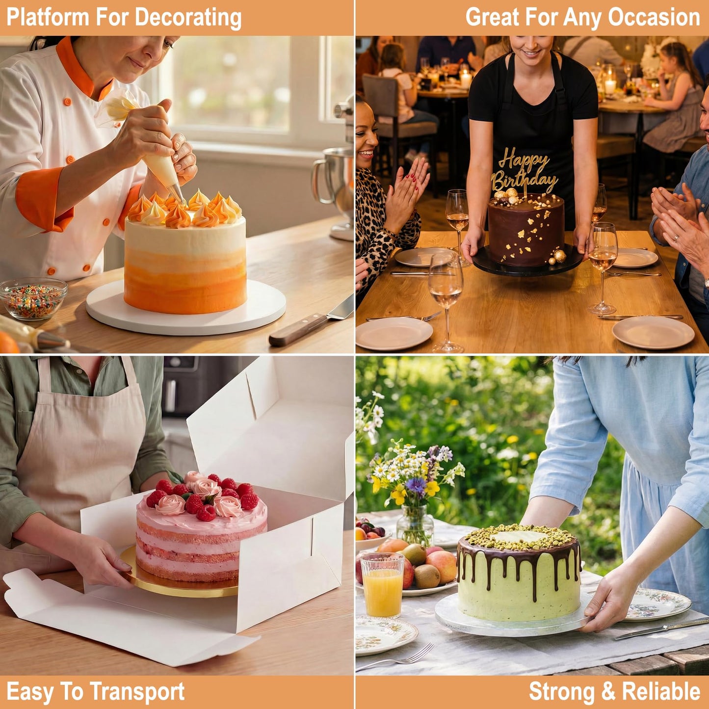 Sleek Cake Drums 8 inch in White, Silver, Gold, Black Color (14 Pack) | 1/2" Thick CakeBoard Circle Rounds + Free Prop Up Tools | Sturdy for Heavy/Tiered Cakes