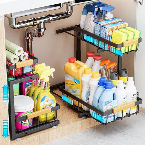 ADBIU Under Sink Organizer - 2 Pack Expandable 2 Tier Storage Shelves for Kitchen & Bathroom (13.2" - 17.2")