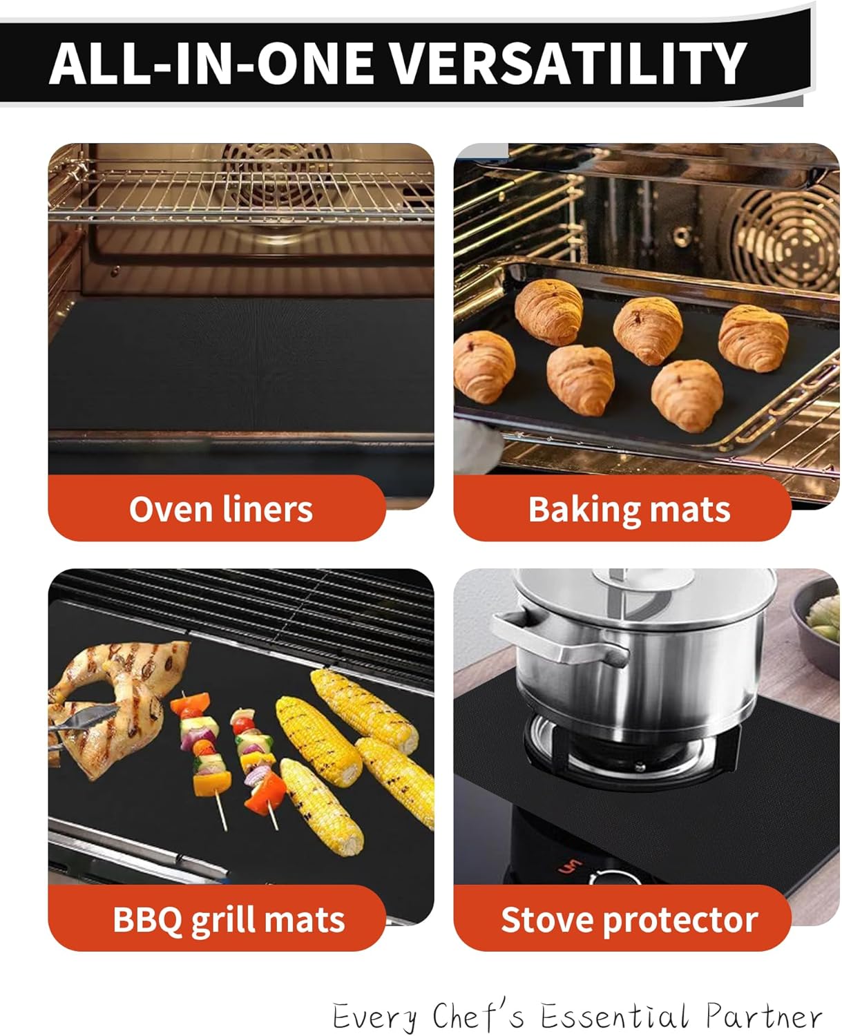 Skiennix Oven Liners - Heavy Duty 4 Pack Reusable Mats, 17"x25" for Electric & Gas Ovens | BPA & PFOA Free, Black