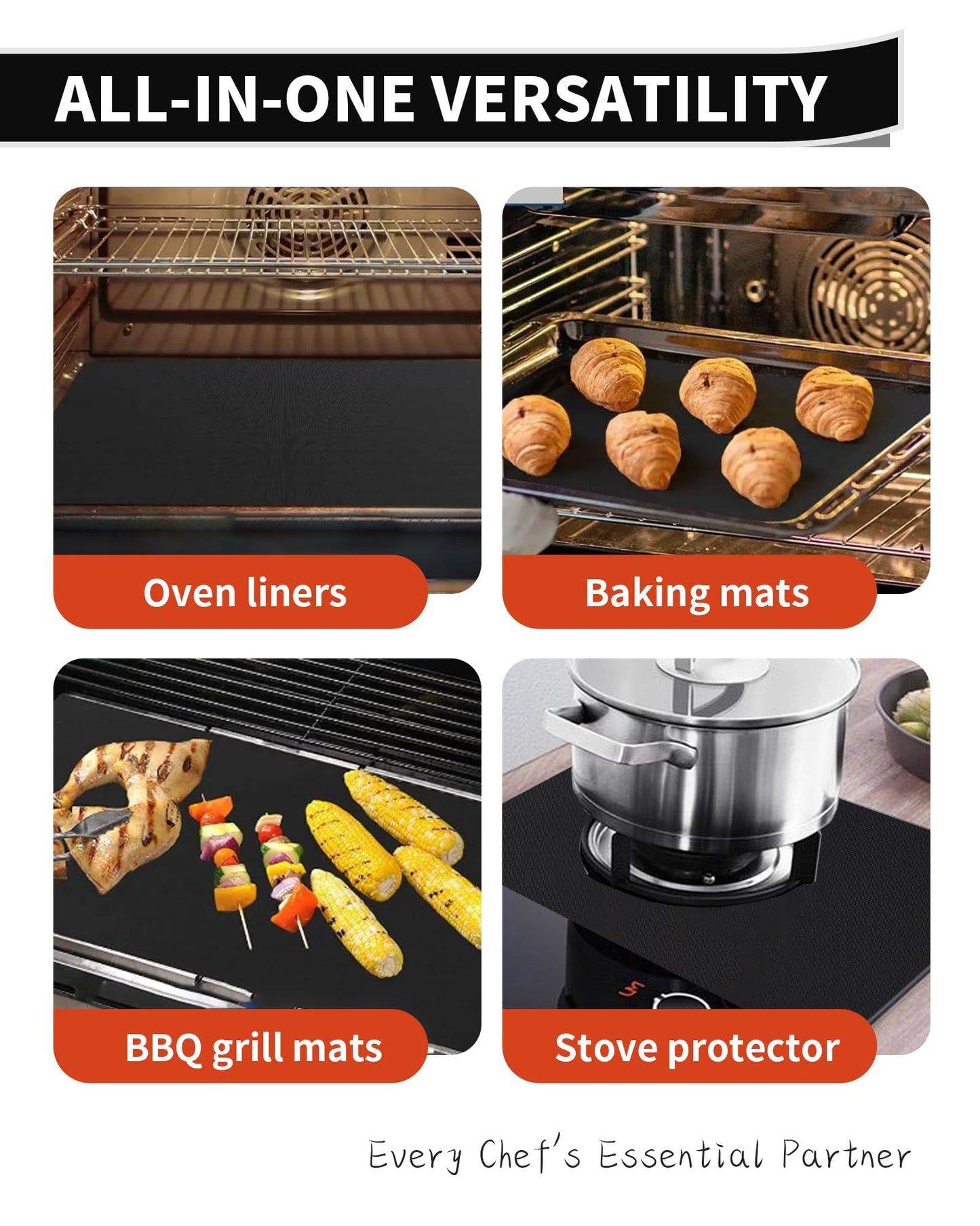 Oven Liners for Bottom of Oven - 4 Pack Large Heavy Duty Oven Mats, 17"x 25" Reusable Matt Liner for Electric, Gas, Toaster Ovens & Grills, BPA & PFOA Free, Kitchen Essentials, Black